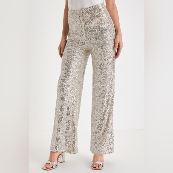 Lulus Sparkly Session Beige Sequin High Rise Wide-LegTrouser Pants, Size M, NWT - Picture 4 of 16